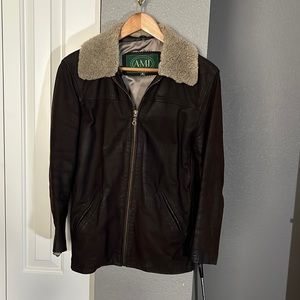 Brown leather zip up coat
